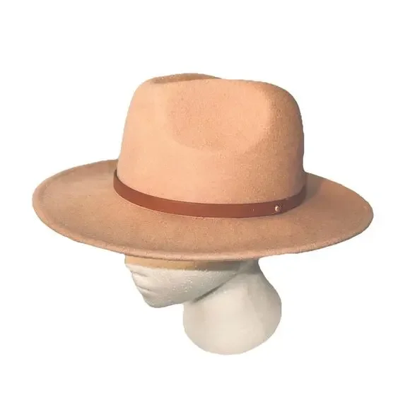 Free People 100% Wool Fedora Dusty Rose Wide Brim Hat Brown Leather Band OS Boho - Picture 3 of 9